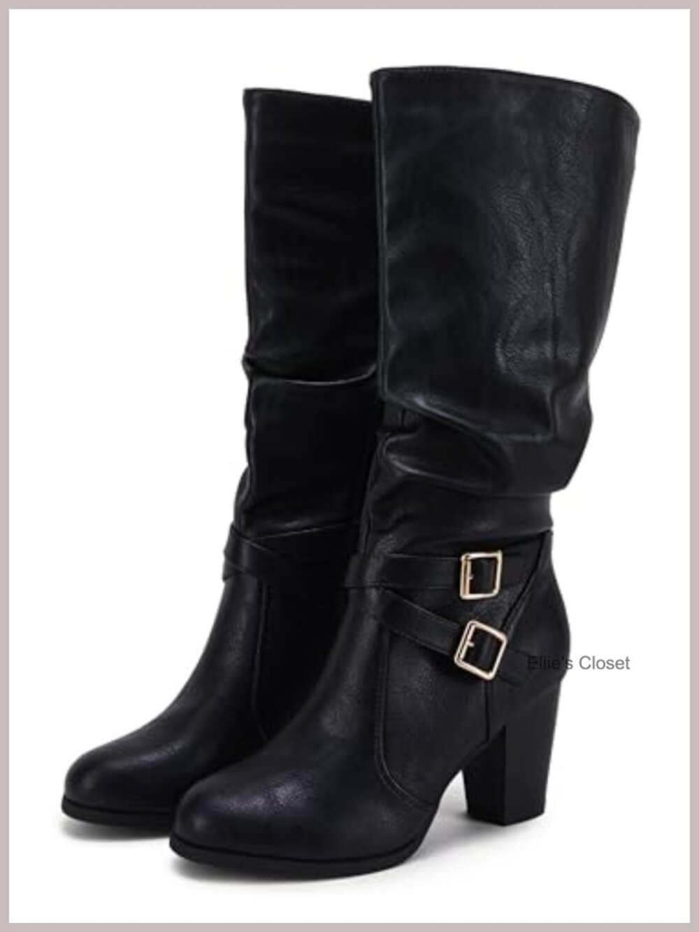 Ermonn Mid Calf Boots Faux Leather Chunky Heel Buckle Side Zip